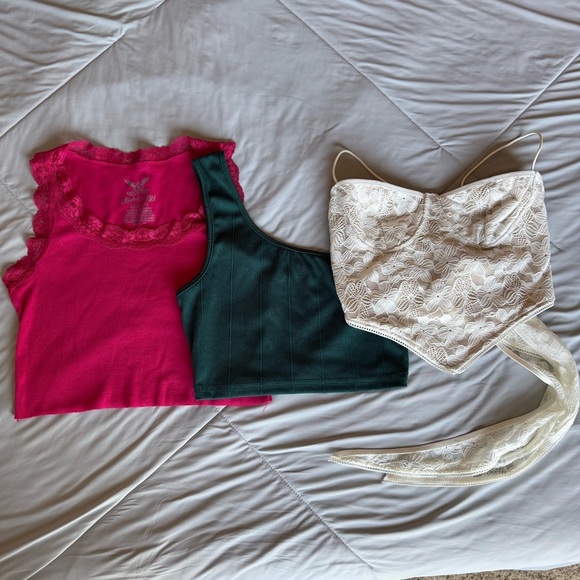 SHEIN Tops - SHEIN Pink, Green, and White Crop Top Tanks One Shoulder Lace Bundle